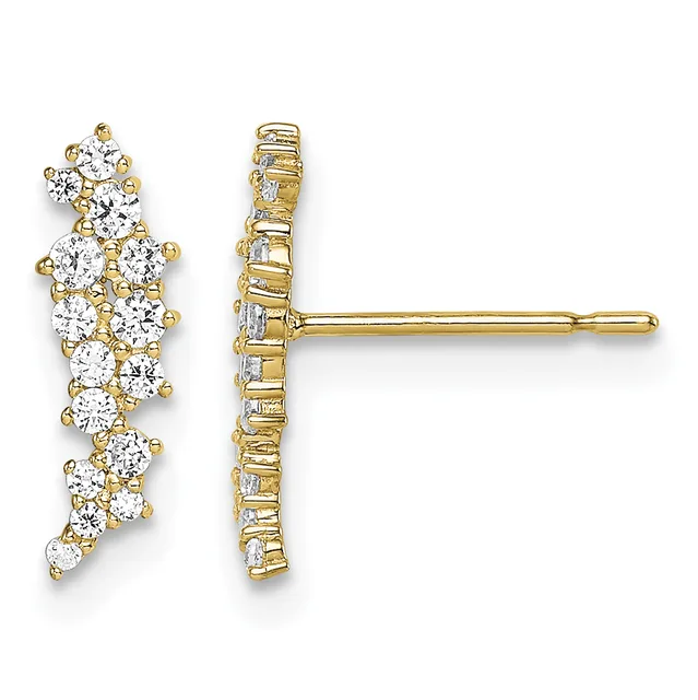 Pair of gold stud earrings with vertical arrangements of round white diamonds, shown from front and back views.