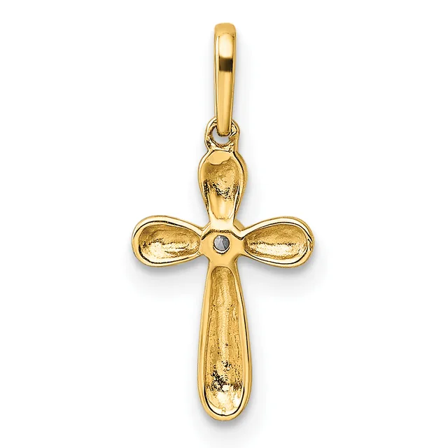 A gold cross pendant with rounded lobes at the horizontal arms and an elongated vertical shaft, featuring a small gemstone at the center, suspended from a gold bail.