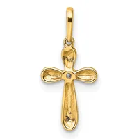 A gold cross pendant with rounded lobes at the horizontal arms and an elongated vertical shaft, featuring a small gemstone at the center, suspended from a gold bail.