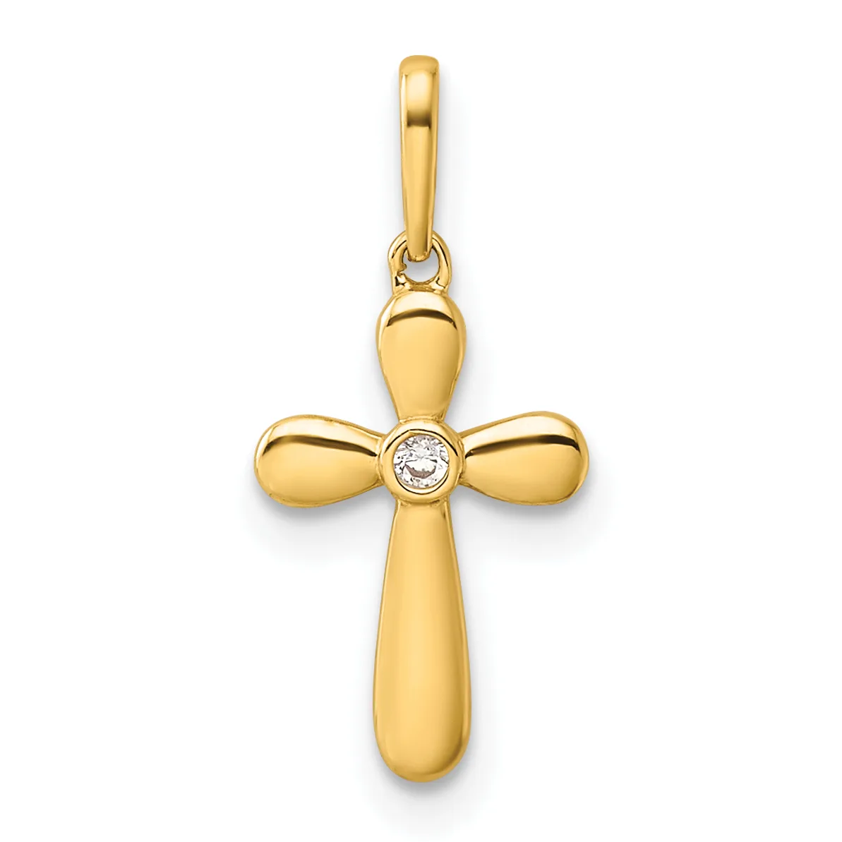 Gold cross pendant with rounded arms and a center diamond, suspended from a gold bail.