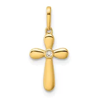 Gold cross pendant with rounded arms and a center diamond, suspended from a gold bail.