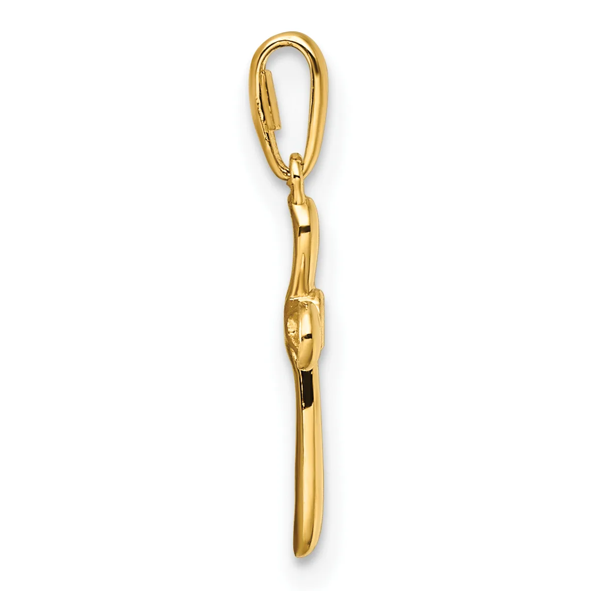 A gold-toned metal charm or pendant featuring an oval loop at the top connected to a chain link and a tapered cylindrical body with a small hallmark.