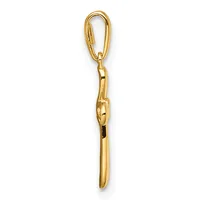 A gold-toned metal charm or pendant featuring an oval loop at the top connected to a chain link and a tapered cylindrical body with a small hallmark.