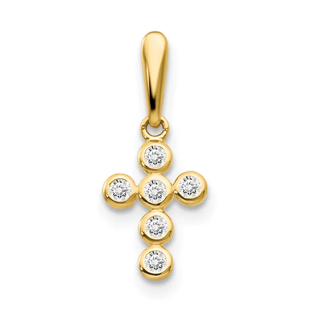 Gold cross pendant with seven round diamonds set in bezel settings arranged in a cross pattern, suspended from a gold bail.
