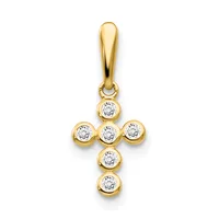 Gold cross pendant with seven round diamonds set in bezel settings arranged in a cross pattern, suspended from a gold bail.