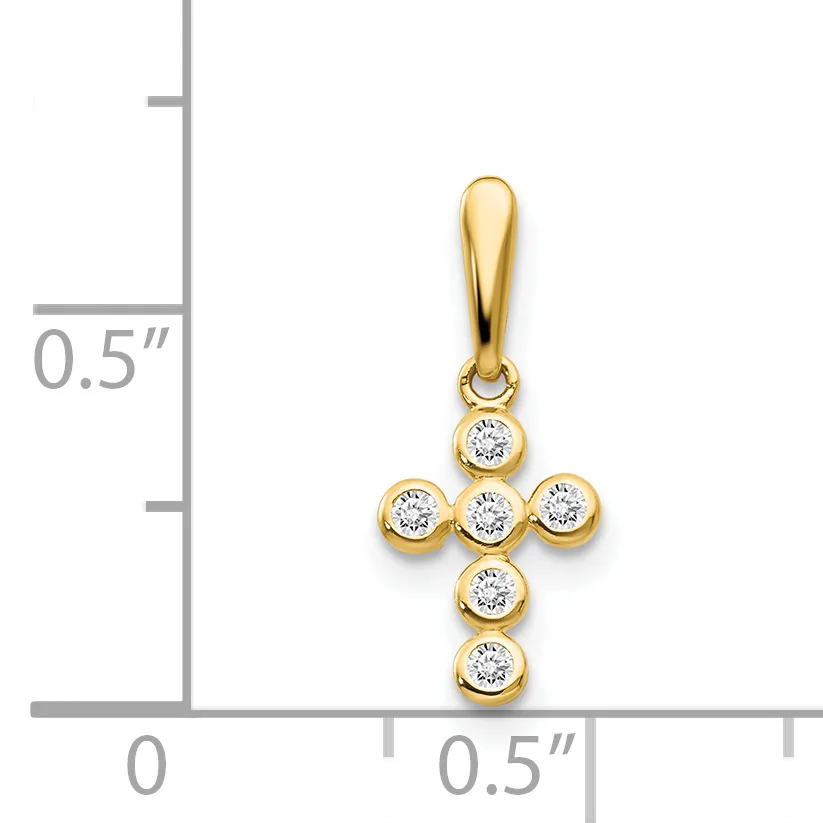 Gold cross pendant with six round diamonds arranged in a cross pattern, shown next to a measurement scale indicating approximately half an inch in width and height.
