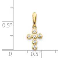 Gold cross pendant with six round diamonds arranged in a cross pattern, shown next to a measurement scale indicating approximately half an inch in width and height.
