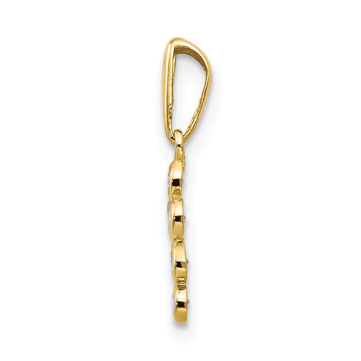 A gold-toned metal keychain with an elongated loop handle at the top and a segmented cylindrical body hanging below it.
