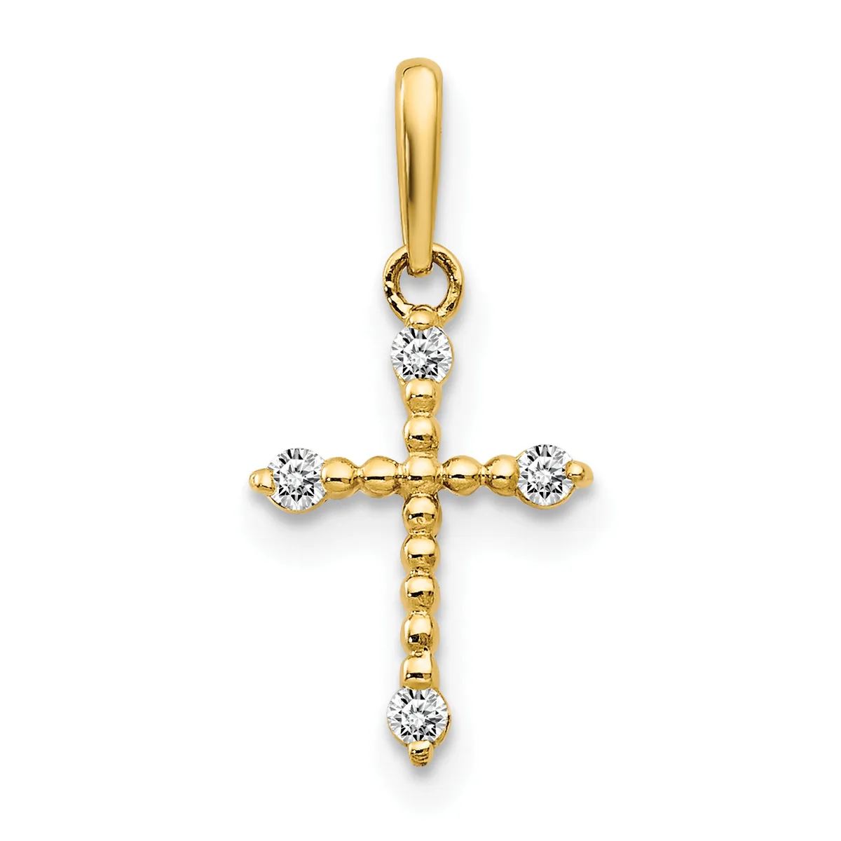 A gold cross pendant with diamond accents at each of the four cardinal points and suspended from a gold bail.