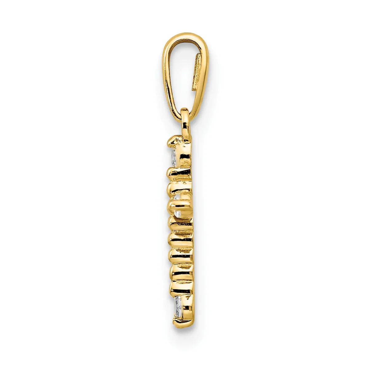 Gold-toned metal keychain charm with a carabiner clip at the top and cylindrical barrel-shaped body with horizontal ridged texture.