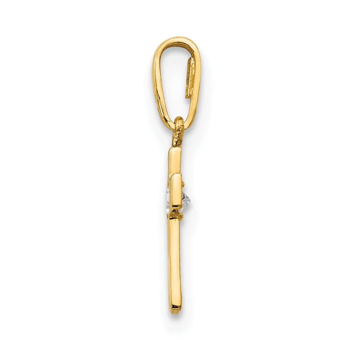 A gold-colored metal carabiner clip with an attached cylindrical pendant hanging from a chain link.