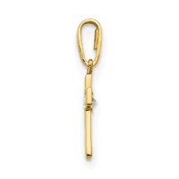 A gold-colored metal carabiner clip with an attached cylindrical pendant hanging from a chain link.