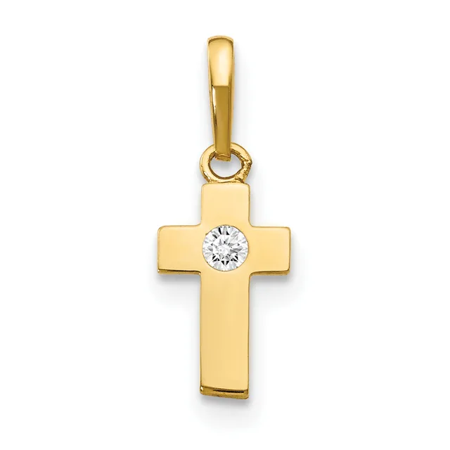 A gold cross pendant with a round diamond or cubic zirconia stone set at the center, suspended from a gold bail.