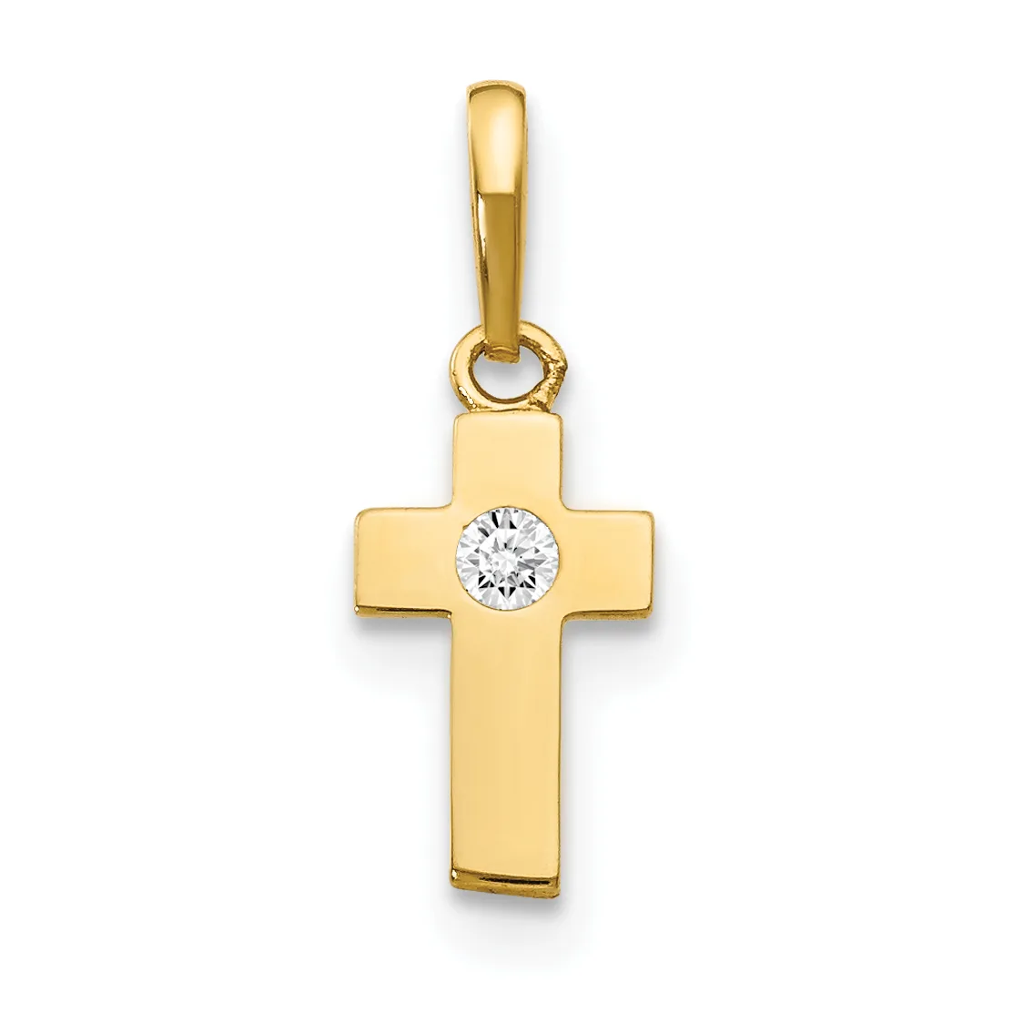 A gold cross pendant with a round diamond or cubic zirconia stone set at the center, suspended from a gold bail.