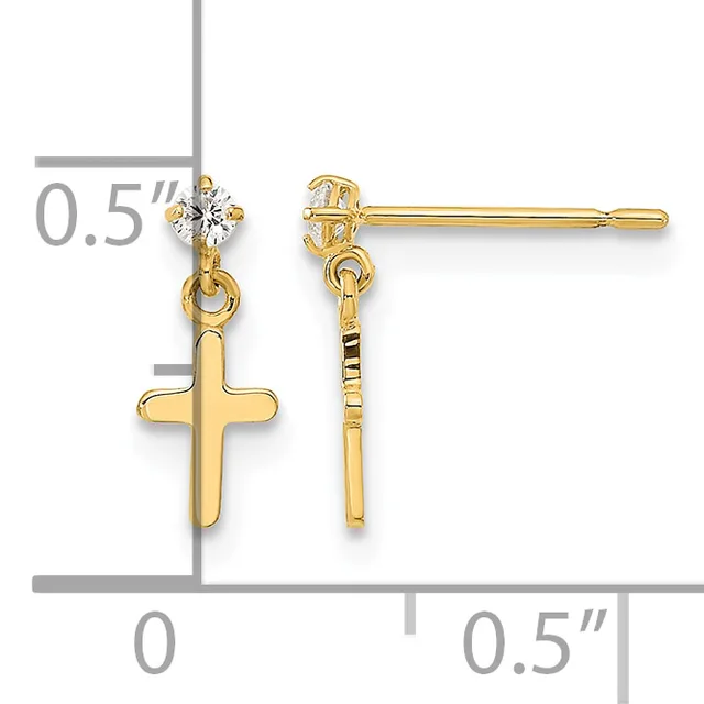 Gold-toned stud earrings with small round cubic zirconia tops and dangling cross charms, shown from front and side views with measurement scale.