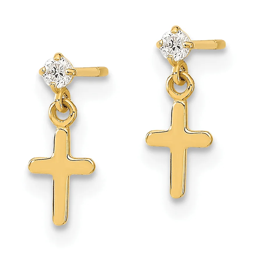 Pair of gold drop earrings with round cubic zirconia studs and dangling cross pendants.