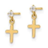 Pair of gold drop earrings with round cubic zirconia studs and dangling cross pendants.