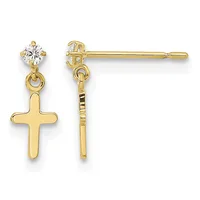 Pair of gold dangle earrings with small round diamonds at the top and cross charms hanging below, shown from front and back views.