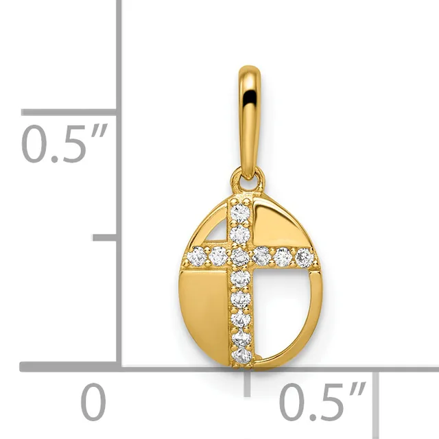 Gold cross pendant with cubic zirconia stones set in an oval frame, shown next to a measurement scale indicating approximately 0.5 inches in height and width.