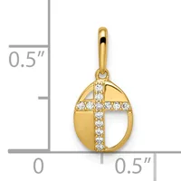 Gold cross pendant with cubic zirconia stones set in an oval frame, shown next to a measurement scale indicating approximately 0.5 inches in height and width.