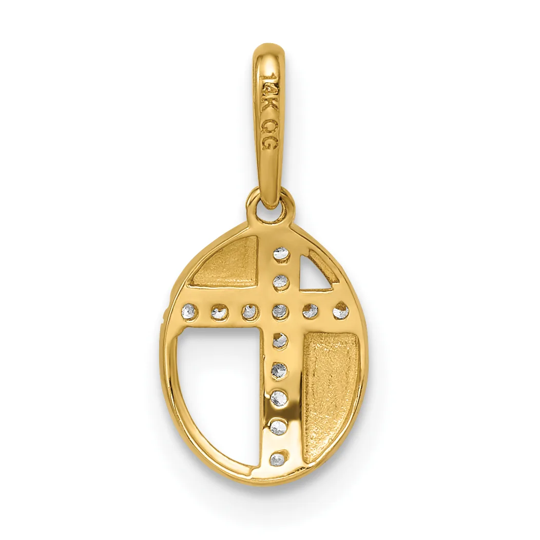 Gold oval pendant with a cross design outlined in small round diamonds, suspended from a gold bail.