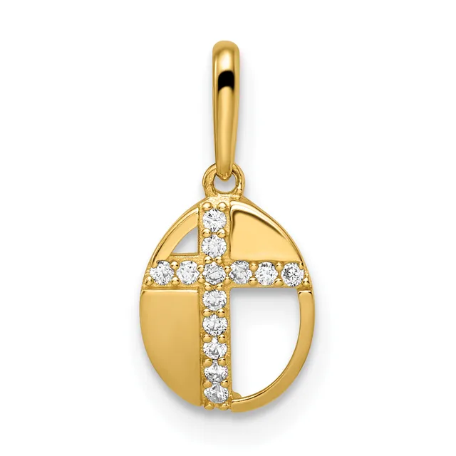 Gold pendant featuring a cross outlined in diamonds set against an oval gold background, suspended from a matching gold bail.