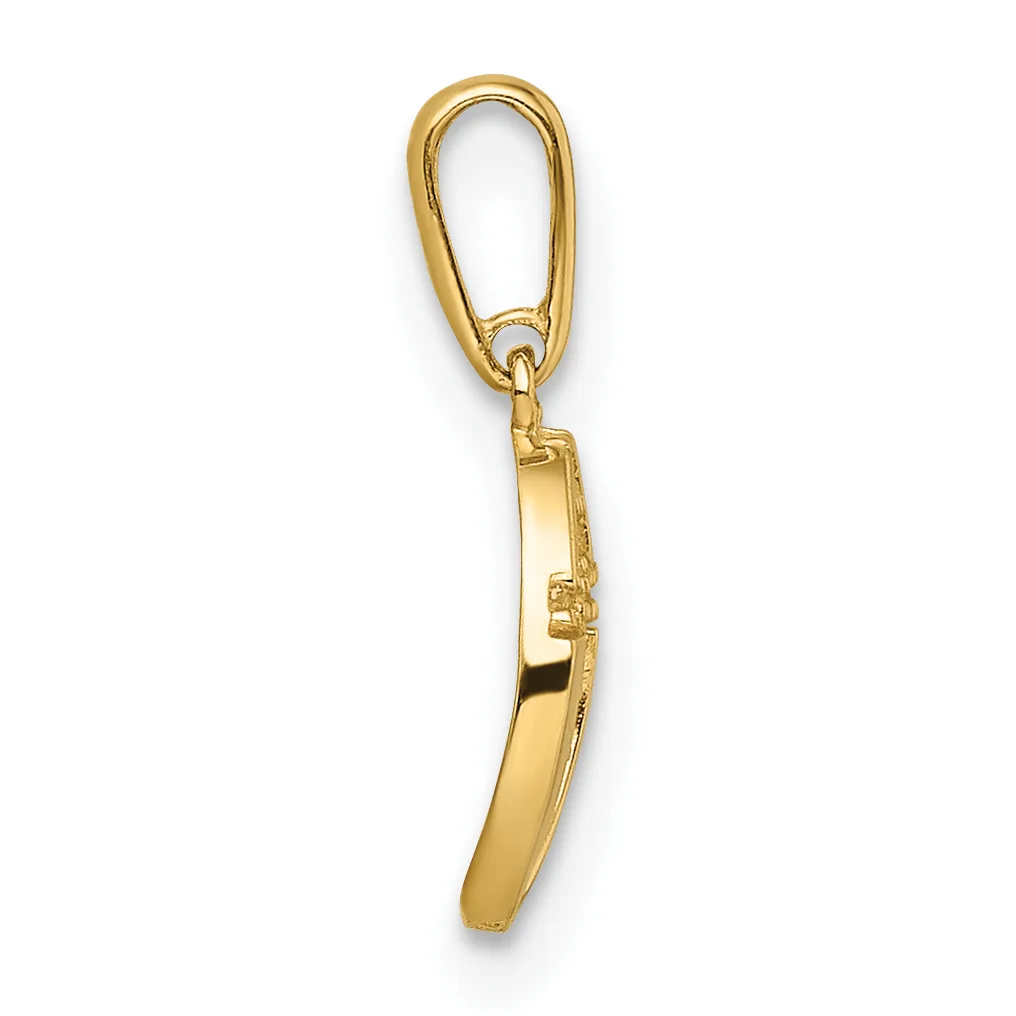 A gold-toned metal keychain charm with an oval carabiner clip at the top and a curved rectangular pendant hanging below it.