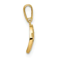 A gold-toned metal keychain charm with an oval carabiner clip at the top and a curved rectangular pendant hanging below it.