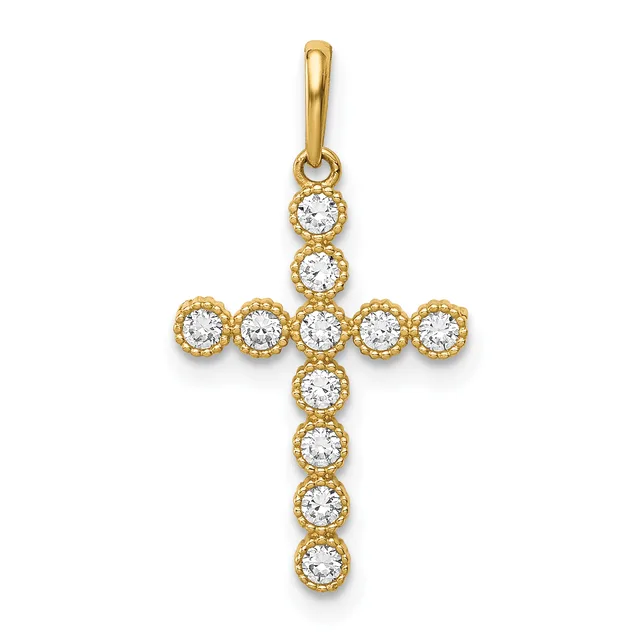 A gold cross pendant adorned with round white cubic zirconia stones set in beaded gold bezels, displayed against a white background.