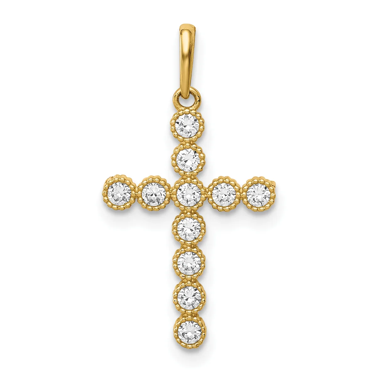 A gold cross pendant adorned with round white cubic zirconia stones set in beaded gold bezels, displayed against a white background.