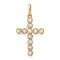 A gold cross pendant adorned with round white cubic zirconia stones set in beaded gold bezels, displayed against a white background.