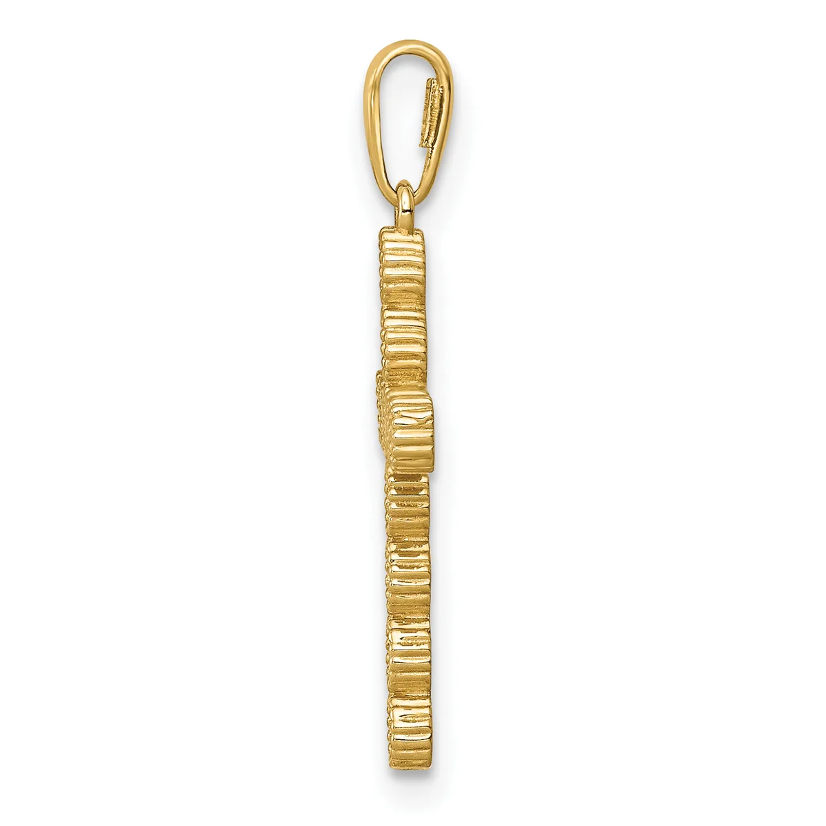 A gold-colored rectangular pendant with horizontal ridged texture, suspended from a gold-colored carabiner clip.
