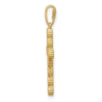 A gold-colored rectangular pendant with horizontal ridged texture, suspended from a gold-colored carabiner clip.