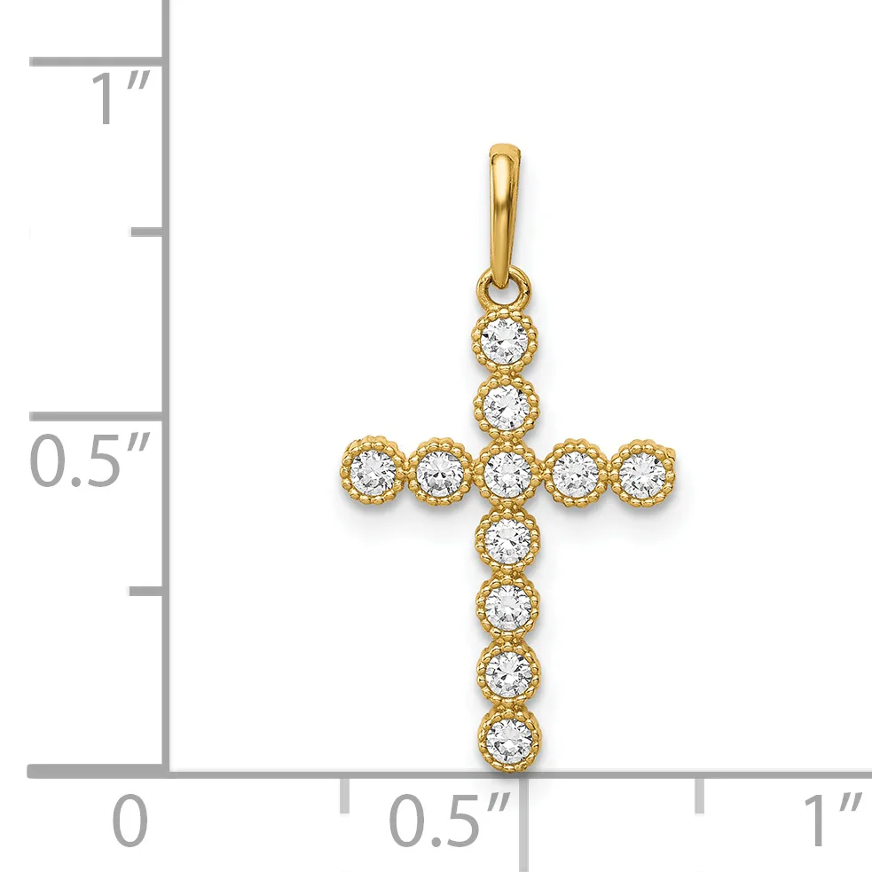 Gold cross pendant with round cubic zirconia stones set in a milgrain pattern, displayed next to a ruler showing approximately 0.75 inches in height.