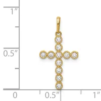 Gold cross pendant with round cubic zirconia stones set in a milgrain pattern, displayed next to a ruler showing approximately 0.75 inches in height.