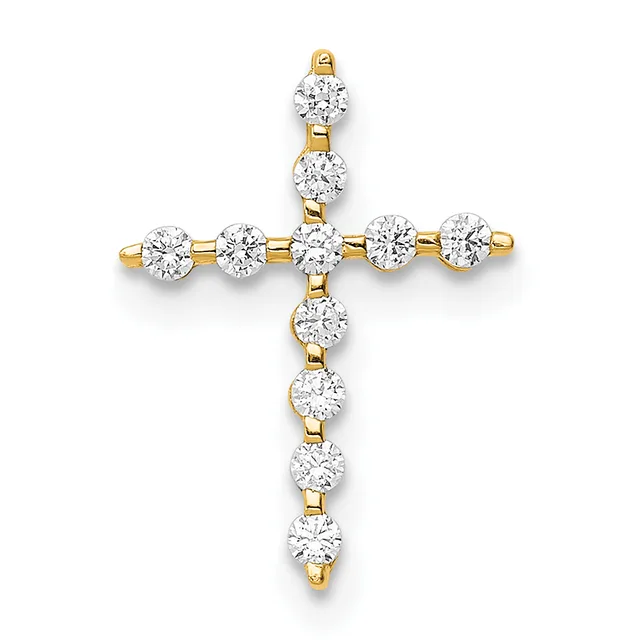 A cross pendant made of gold with round diamonds set along the vertical and horizontal arms, displayed against a white background.