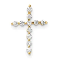 A cross pendant made of gold with round diamonds set along the vertical and horizontal arms, displayed against a white background.