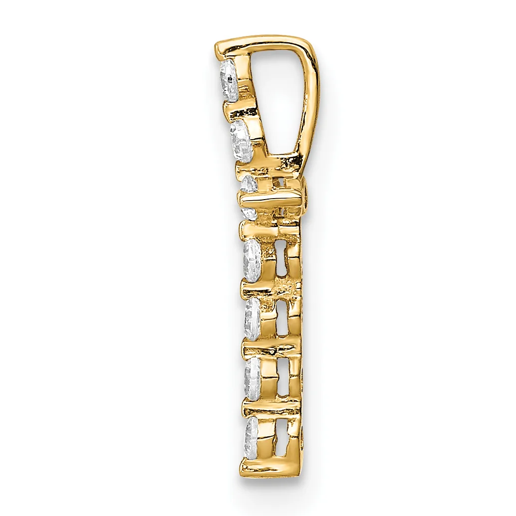 A vertical gold pendant with rectangular links set with white rectangular stones, suspended from a gold carabiner-style clasp.