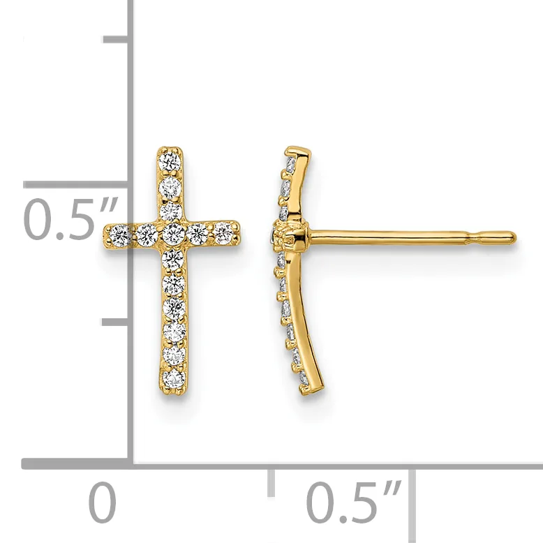 Gold cross stud earrings with round cubic zirconia stones set throughout, shown front and side view with a measurement scale indicating approximately half-inch height.