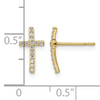 Gold cross stud earrings with round cubic zirconia stones set throughout, shown front and side view with a measurement scale indicating approximately half-inch height.