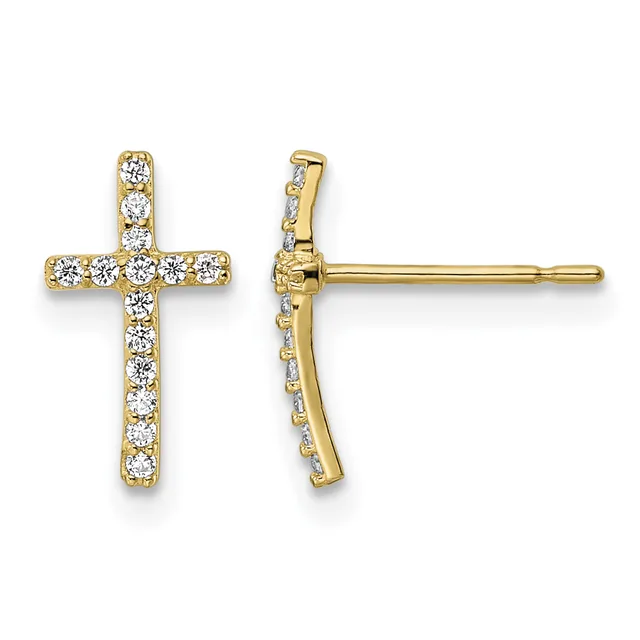 Gold cross stud earrings set with round diamonds arranged along the vertical and horizontal bars, shown from front and side views.