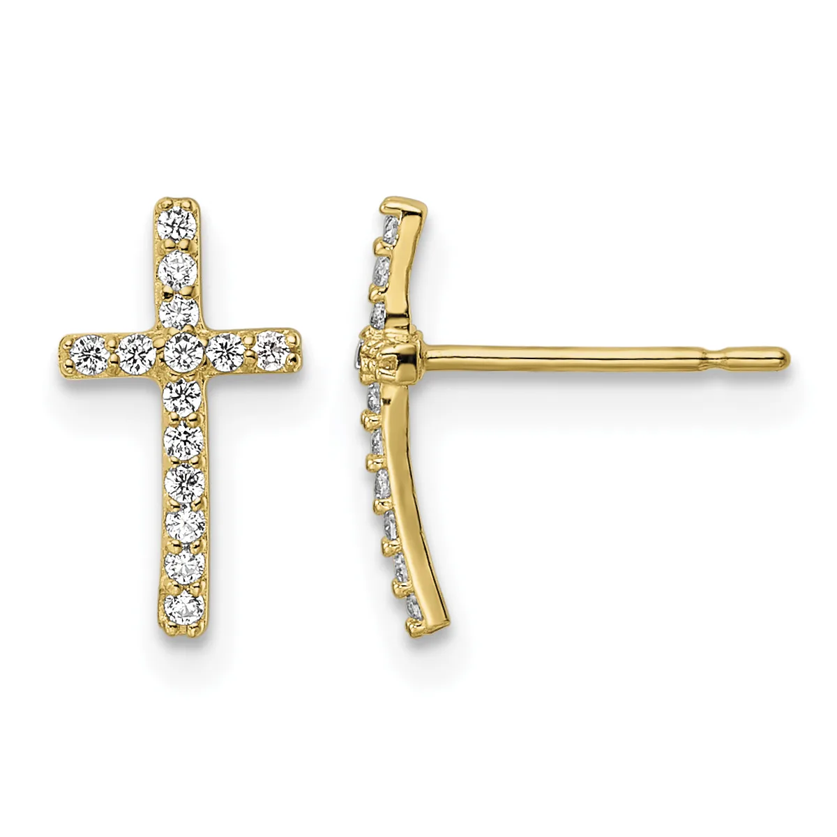 Gold cross stud earrings set with round diamonds arranged along the vertical and horizontal bars, shown from front and side views.