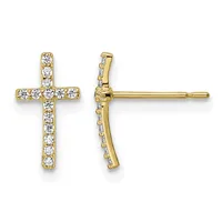 Gold cross stud earrings set with round diamonds arranged along the vertical and horizontal bars, shown from front and side views.