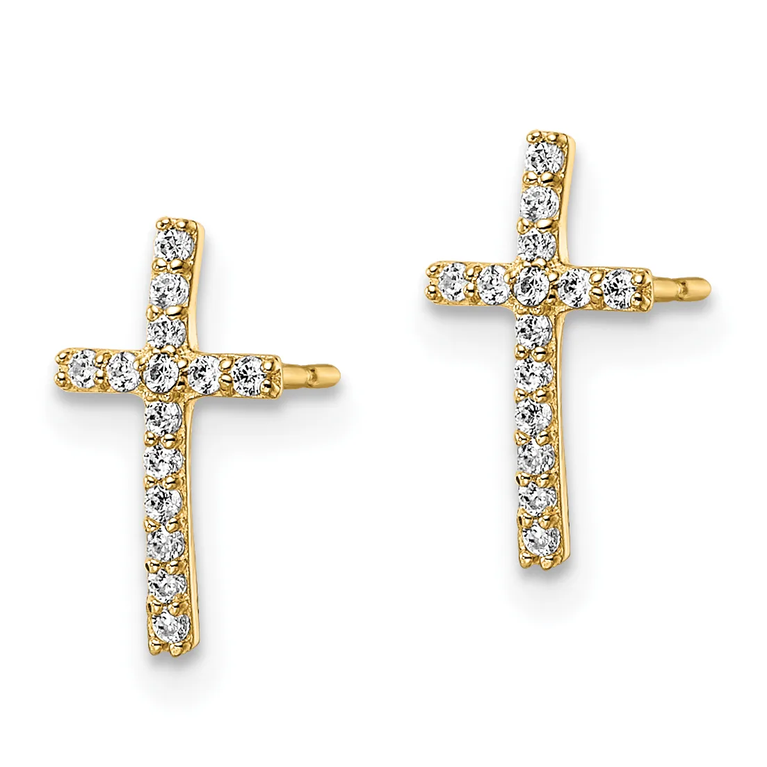 A pair of gold cross earrings set with round diamonds arranged in rows along the arms of each cross.