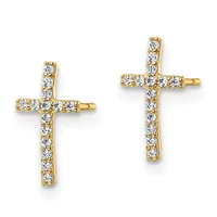 A pair of gold cross earrings set with round diamonds arranged in rows along the arms of each cross.