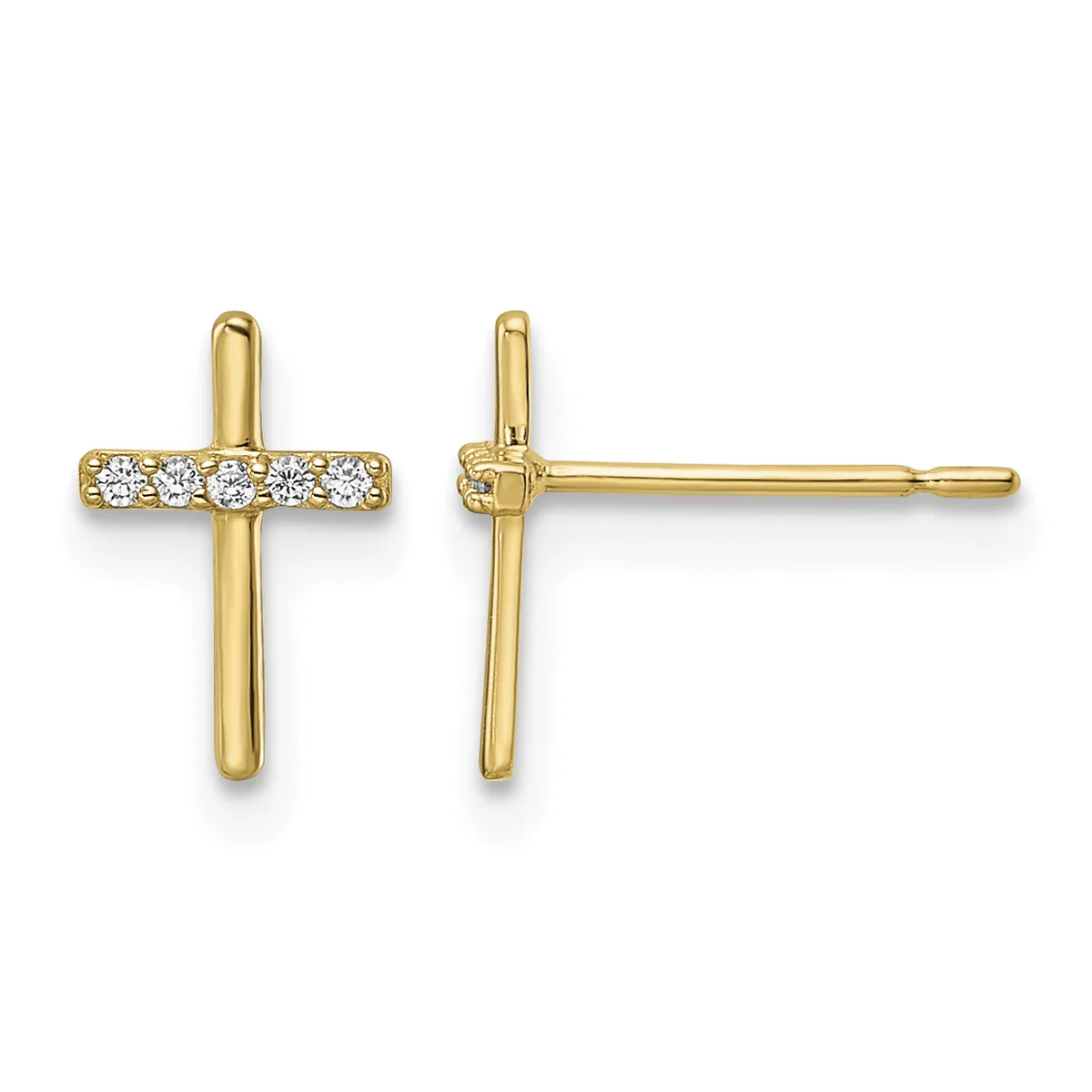Pair of gold cross stud earrings with diamond accents across the horizontal bar, shown from front and side views.