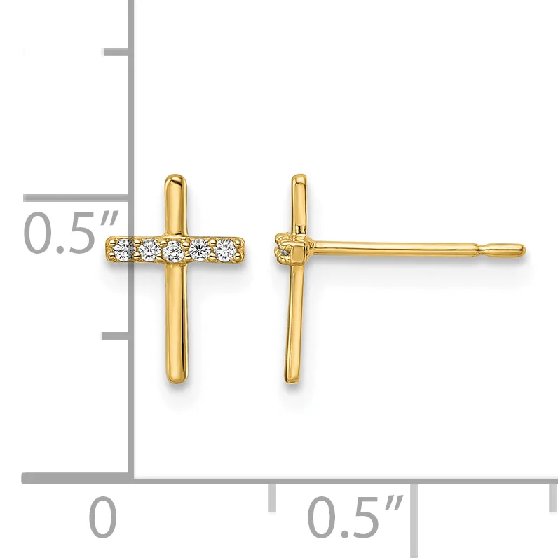Pair of gold cross stud earrings with diamond accents on the horizontal bar, shown front and side view with measurement scale.