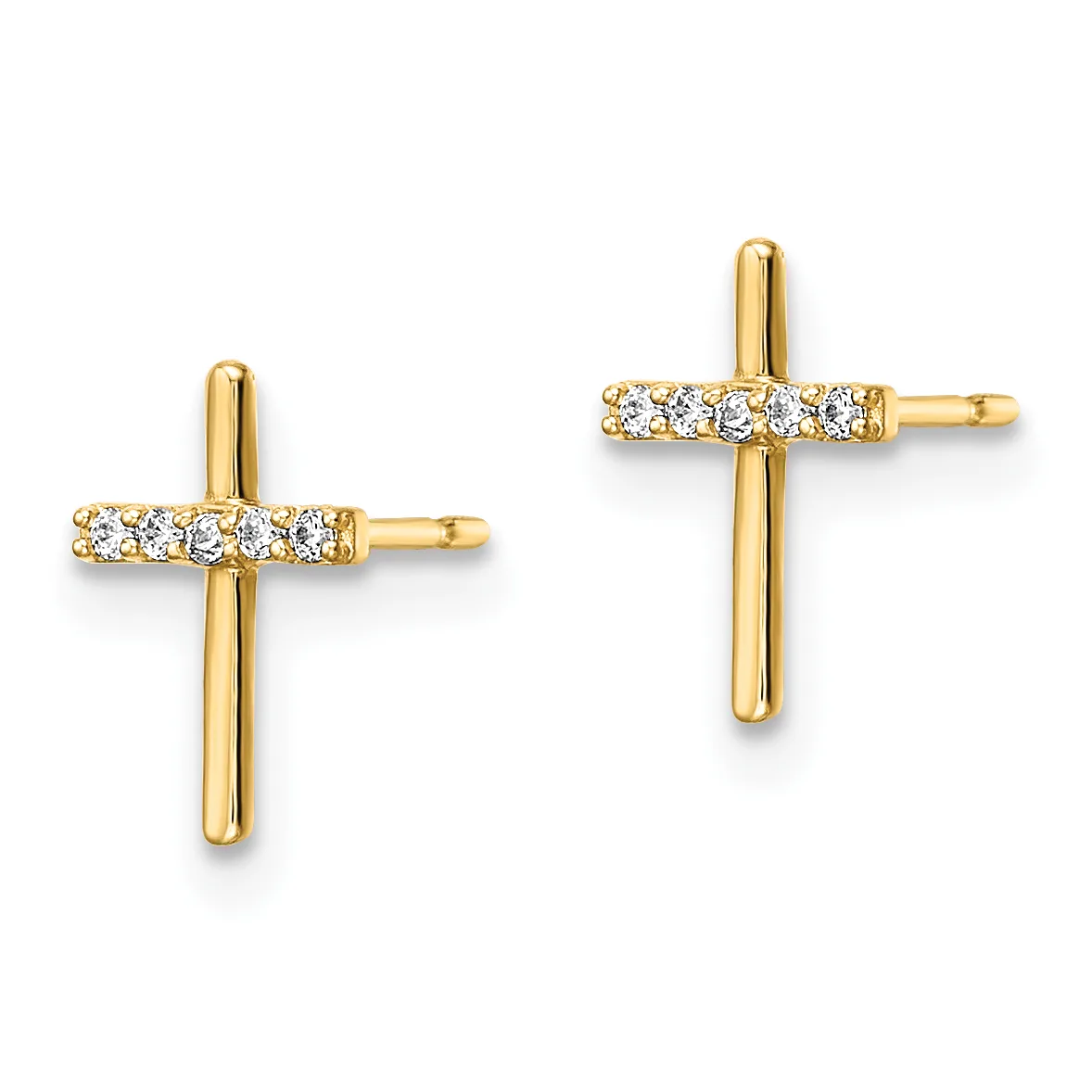 Pair of gold cross stud earrings with diamond accents along the horizontal bar, shown from the front view.