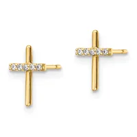Pair of gold cross stud earrings with diamond accents along the horizontal bar, shown from the front view.