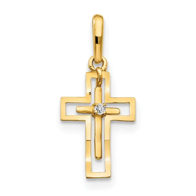 Gold double cross pendant with a small round diamond at the center intersection, suspended from a gold bail.
